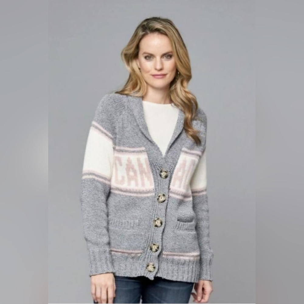 Cotton Country Button Up Knit‎ Canada Pink/Grey Cardigan Maple Leaf Back